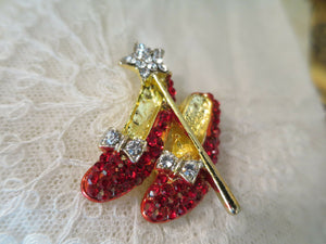 Fabulous Vintage Wizard of OZ Dorothy Shoes & Wand Red Rhinstone Brooch