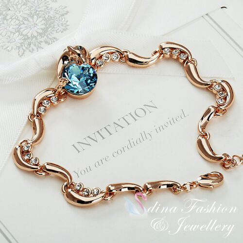 Thick 18K Rose Gold GF Made With SWAROVSKI Crystal Aquamarine Dolphin Bracelet