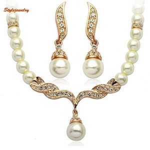 18K Rose Gold Filled Crystal Necklace Earring White Pearl Wedding Set XS14