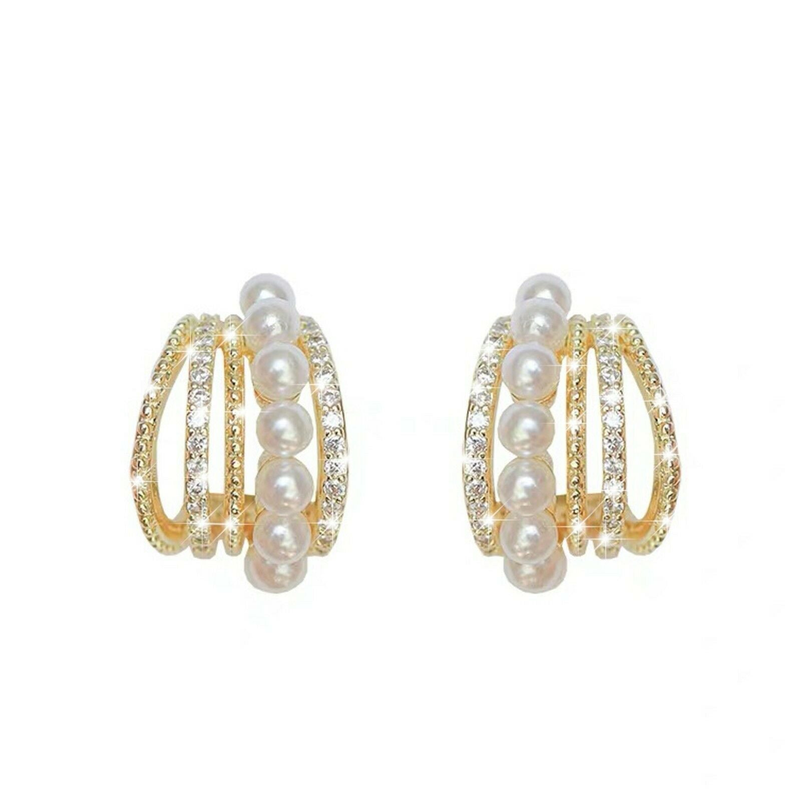 18k yellow gold stud made with Swarovski crystal fashion pearl huggies earrings