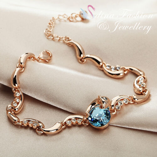 Thick 18K Rose Gold GF Made With SWAROVSKI Crystal Aquamarine Dolphin Bracelet