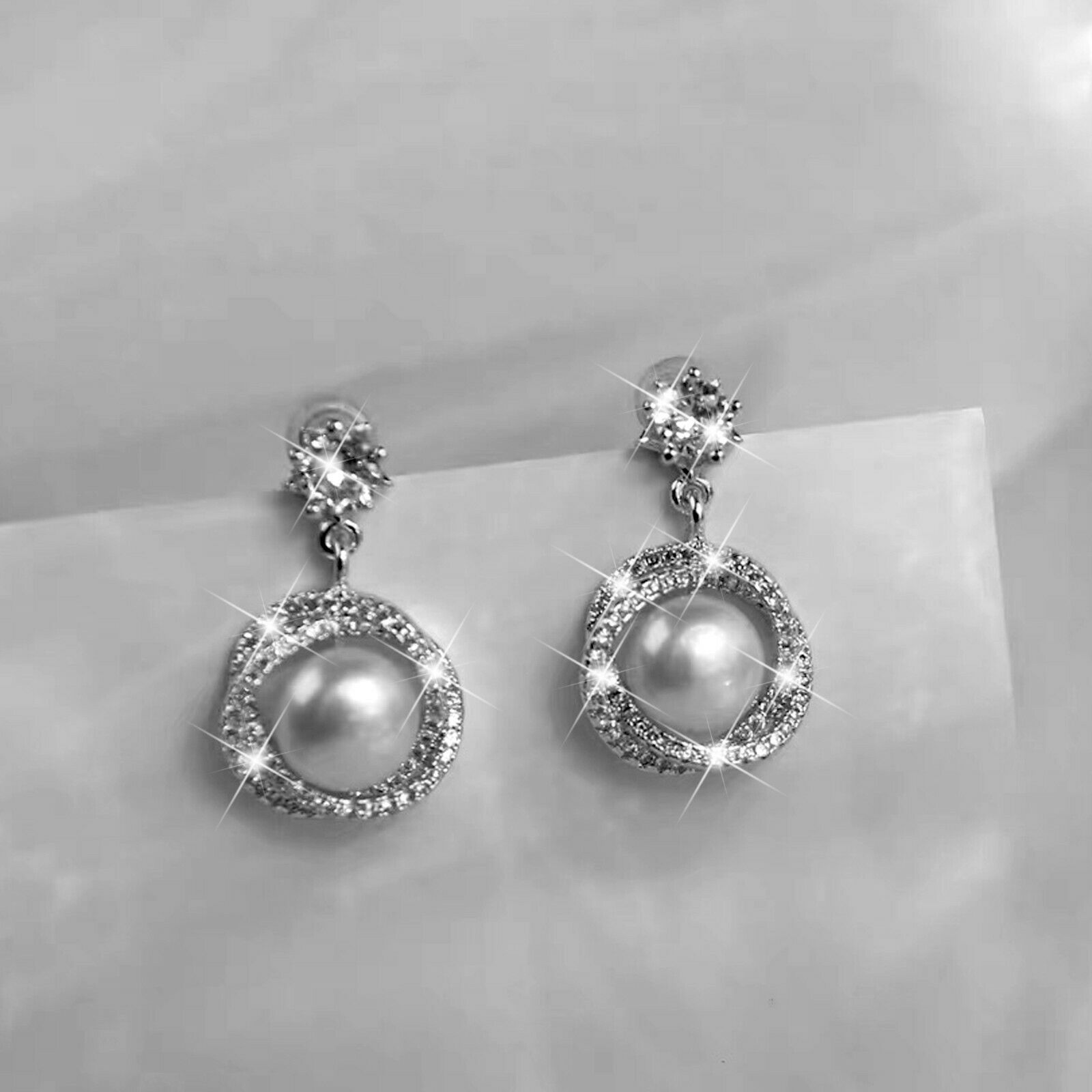 18k white gold made with swarovski crystal pearl 925 silver drop stud earrings