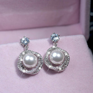 18k white gold made with swarovski crystal pearl 925 silver drop stud earrings