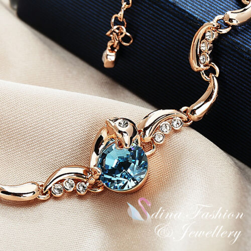 Thick 18K Rose Gold GF Made With SWAROVSKI Crystal Aquamarine Dolphin Bracelet