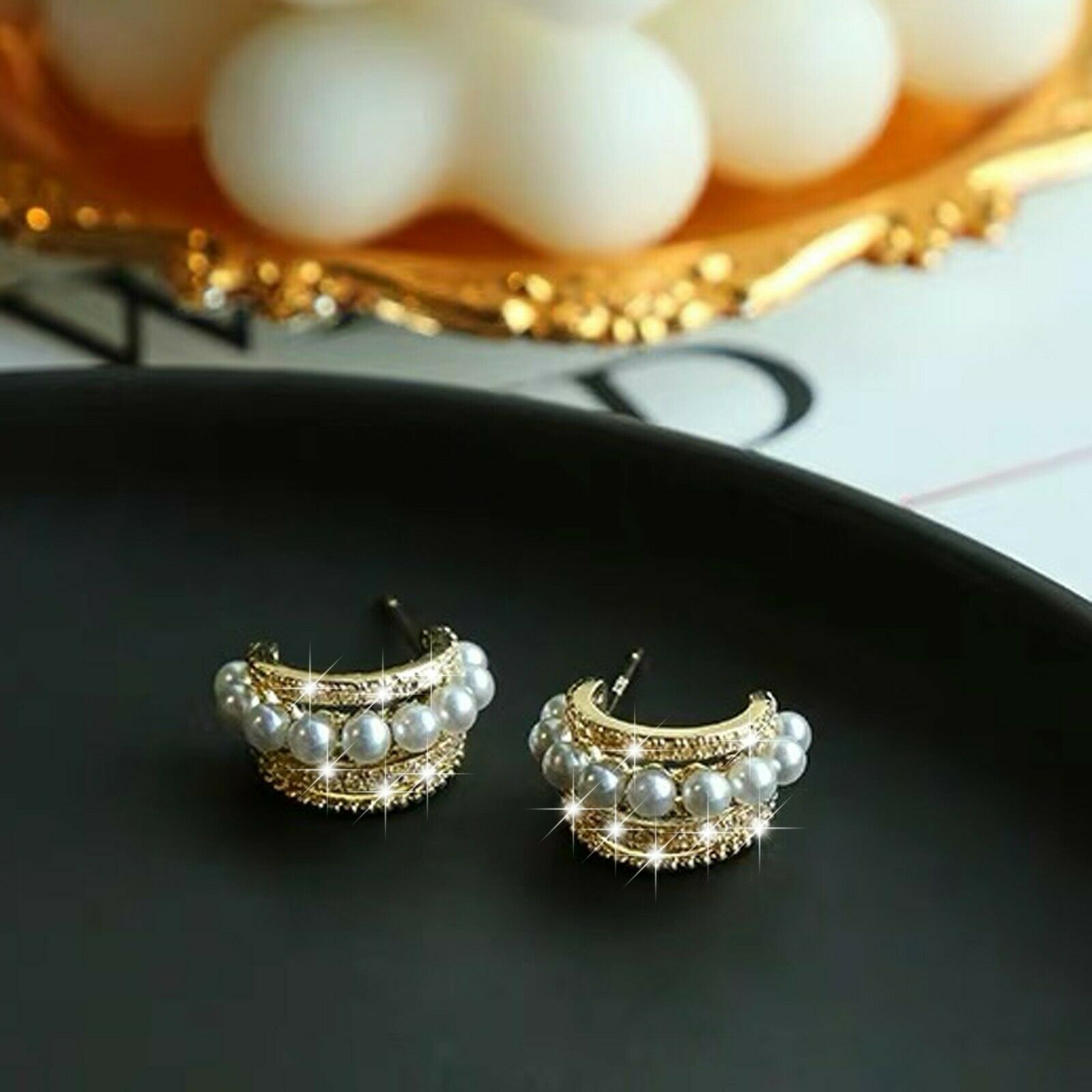 18k yellow gold stud made with Swarovski crystal fashion pearl huggies earrings