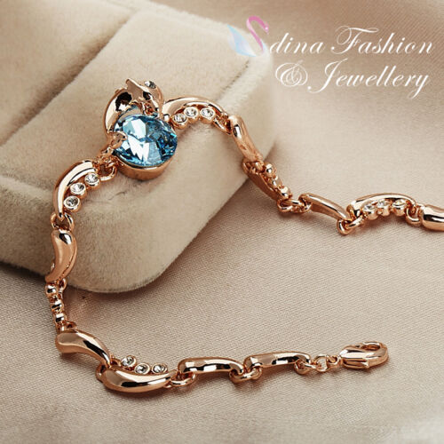 Thick 18K Rose Gold GF Made With SWAROVSKI Crystal Aquamarine Dolphin Bracelet