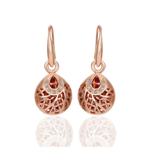 New 18K Rose GOLD Filled Vintage Filigree Crystal Drop Dangle Earrings Elegant