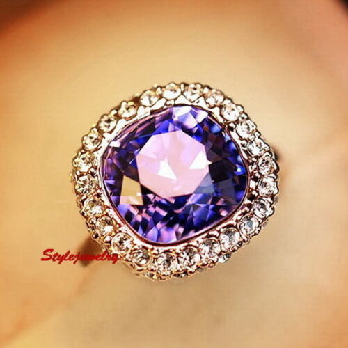 Rose Gold Plated Amethyst Square Cocktail Ring Made with Swarovski Crystal R196