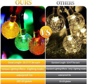 Solar Globe String Lights Fairy Lights，39.37ft 100 LED String Lights with 8-Mode Waterproof