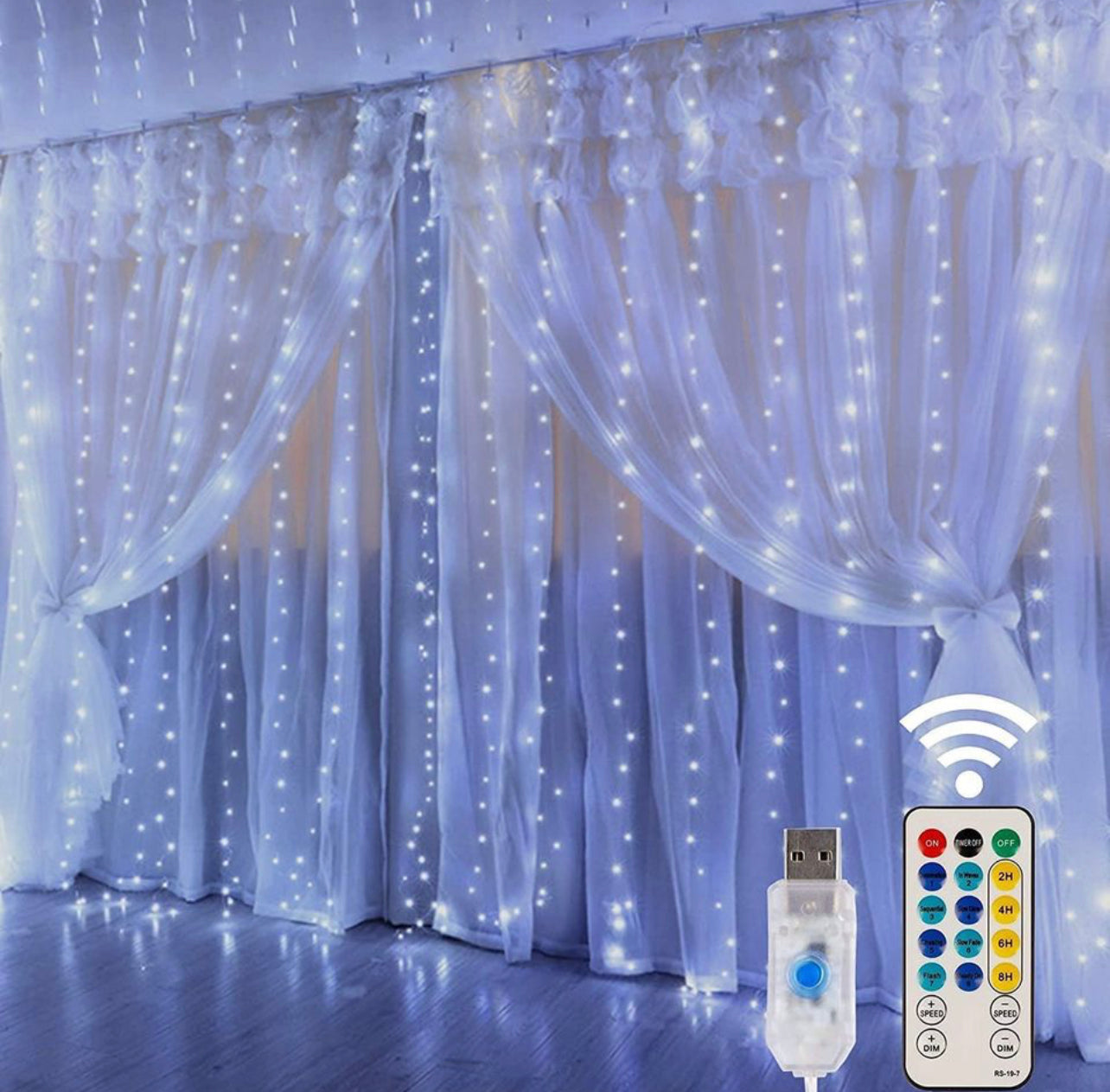 Window Curtain String Lights, 300 LED 8 Lighting Modes Fairy Copper Light with Remote