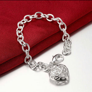 New 925 Sterling Silver Filled Womens Filigree Heart Charm Bracelet Bangle 8.0"