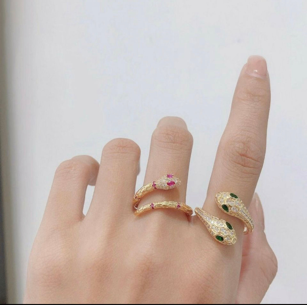 18k yellow gold made with Swarovski crystal adjustable pink eye snake cobra ring