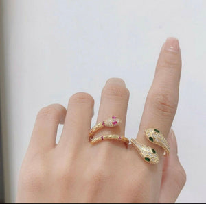 18k yellow gold made with Swarovski crystal adjustable pink eye snake cobra ring