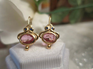 Vintage Art Deco design Jewellery Gold Pink Tourmaline & Blue Sapphire Earrings