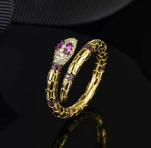 18k yellow gold made with Swarovski crystal adjustable pink eye snake cobra ring