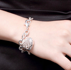 New 925 Sterling Silver Filled Womens Filigree Heart Charm Bracelet Bangle 8.0"