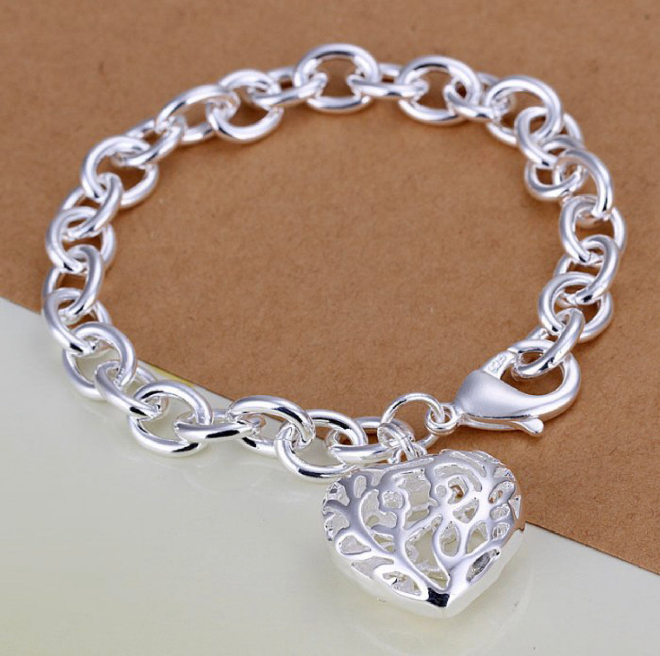 New 925 Sterling Silver Filled Womens Filigree Heart Charm Bracelet Bangle 8.0"