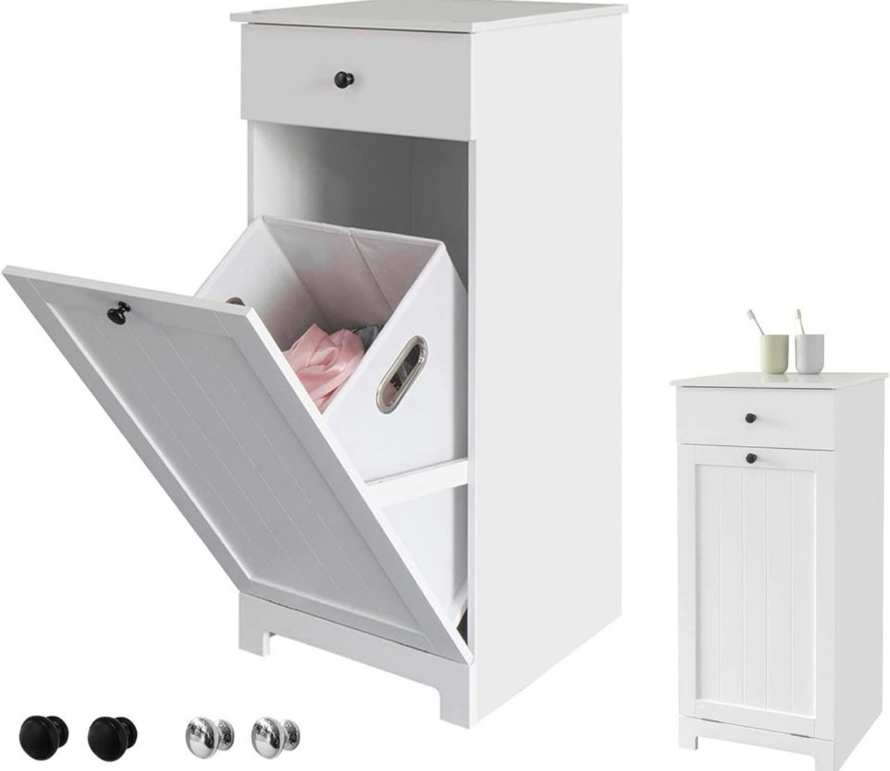 White Bathroom Cabinet with Laundry Basket and Drawer,Tilt-Out Laundry Hamper, Storage Cabinet