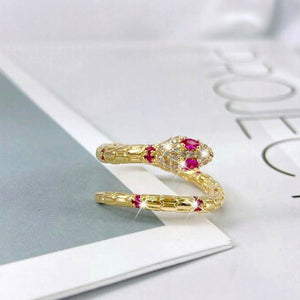 18k yellow gold made with Swarovski crystal adjustable pink eye snake cobra ring