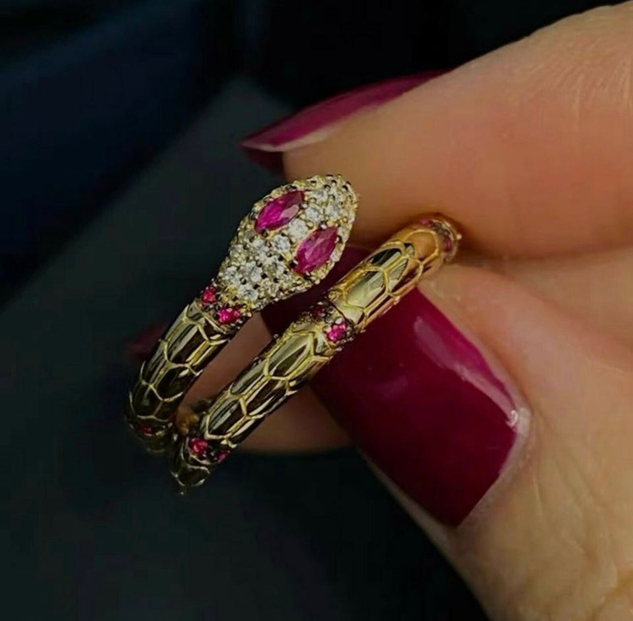 18k yellow gold made with Swarovski crystal adjustable pink eye snake cobra ring