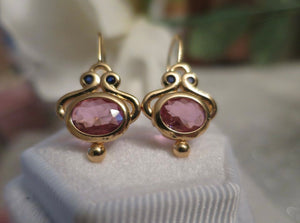 Vintage Art Deco design Jewellery Gold Pink Tourmaline & Blue Sapphire Earrings