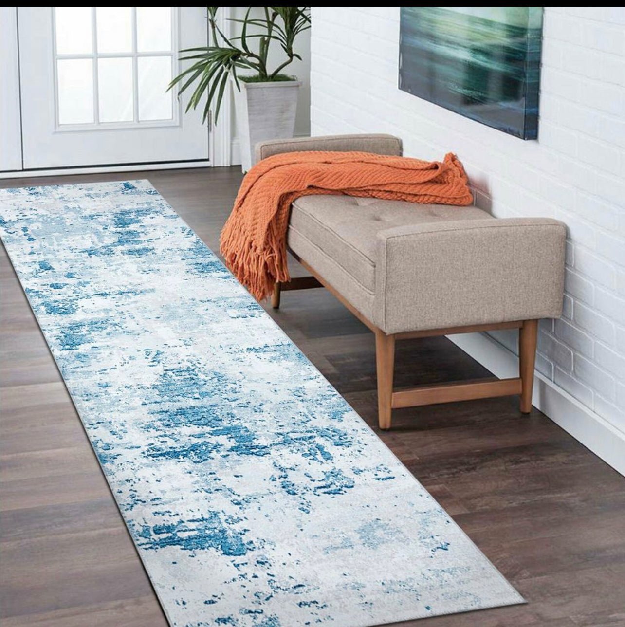 Large Rug Ocean Blue Soft Distressed Abstract Lounge Carpet Mat Hallway Runner