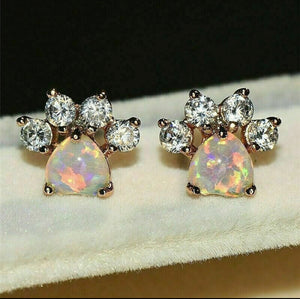 Gorgeous 18ct Rose Gold filled Opal glass cat / dog paw footprint stud Earrings