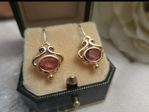 Vintage Art Deco design Jewellery Gold Pink Tourmaline & Blue Sapphire Earrings