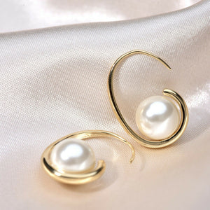 18k yellow gold gp 10mm pearl stud dangle drop hook classic designer earrings