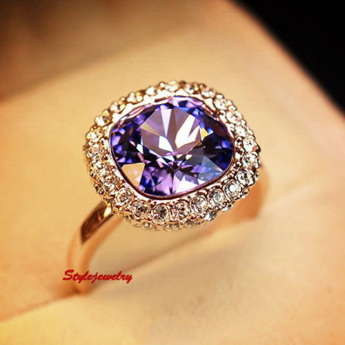 Rose Gold Plated Amethyst Square Cocktail Ring Made with Swarovski Crystal R196