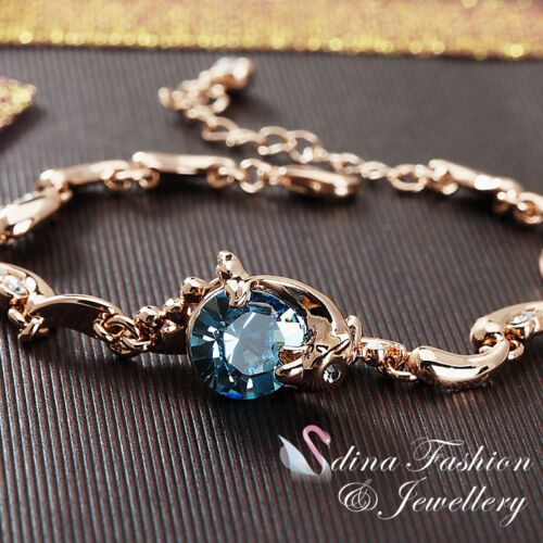 Thick 18K Rose Gold GF Made With SWAROVSKI Crystal Aquamarine Dolphin Bracelet