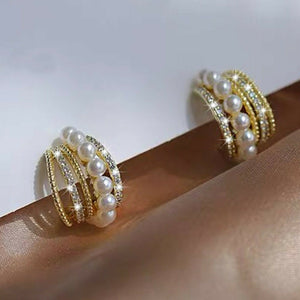 18k yellow gold stud made with Swarovski crystal fashion pearl huggies earrings