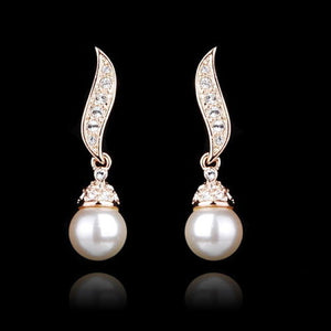 18K Rose Gold Filled Crystal Necklace Earring White Pearl Wedding Set XS14